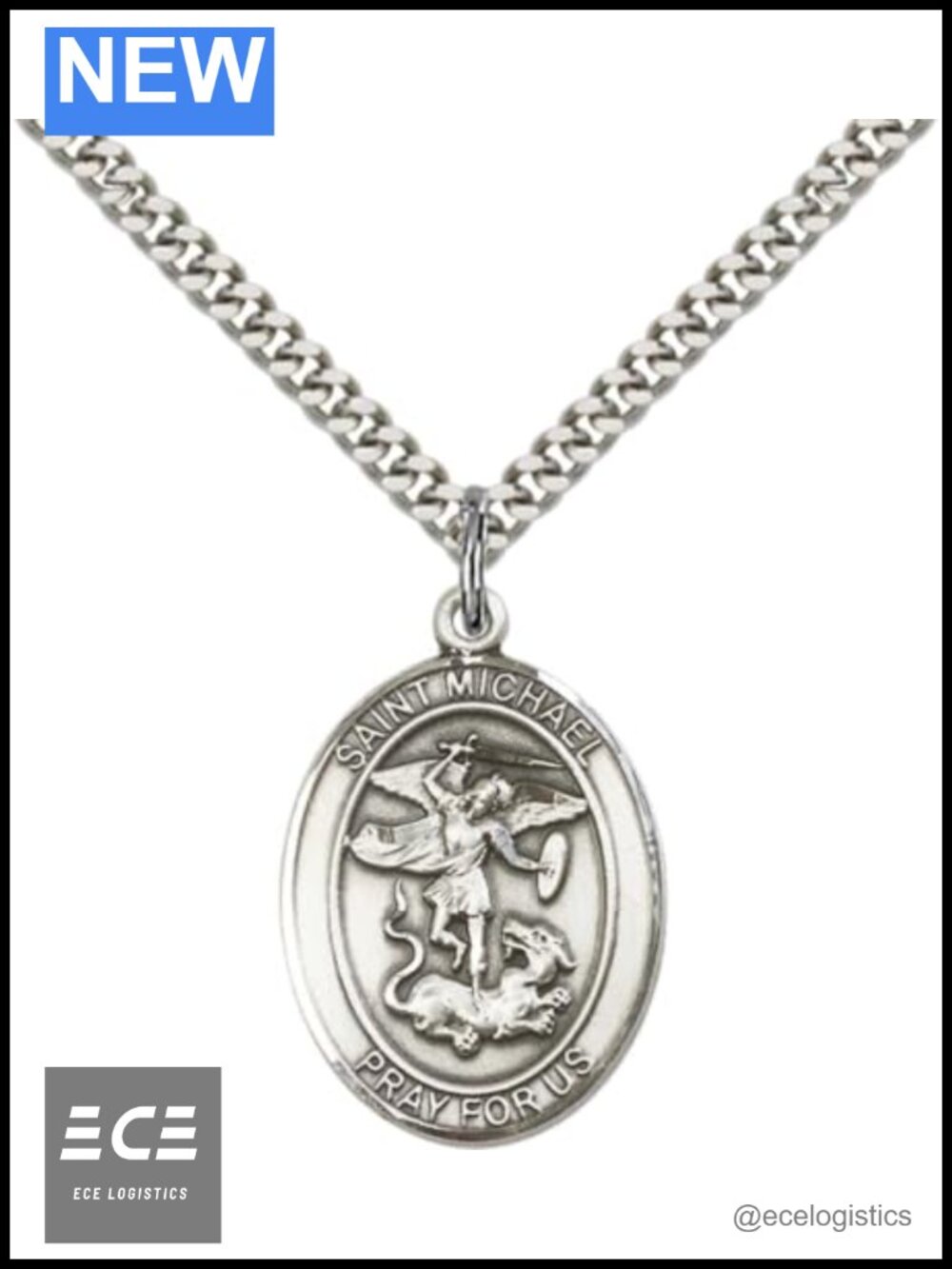 Sterling Silver St. Michael Archangel Pendant Necklace 18" Curb Chain